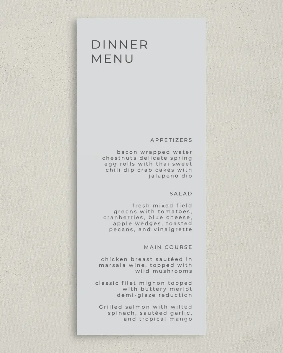 This is a 3⅝" x 8⅞" Wedding Menu Card called Initial Hush printed in full color on Premium Smooth paper