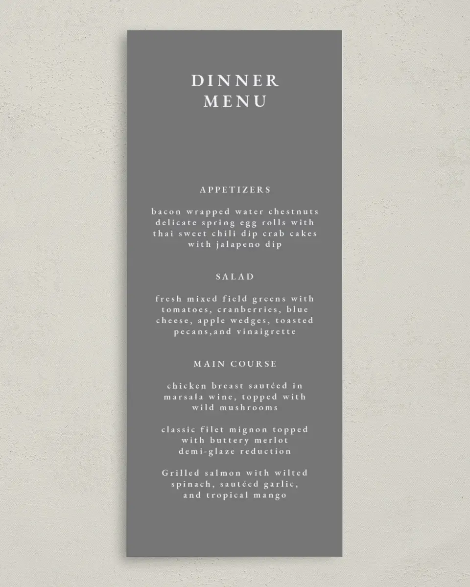 This is a 3⅝" x 8⅞" Wedding Menu Card called Heavenly Harmony printed in full color on Premium Smooth paper