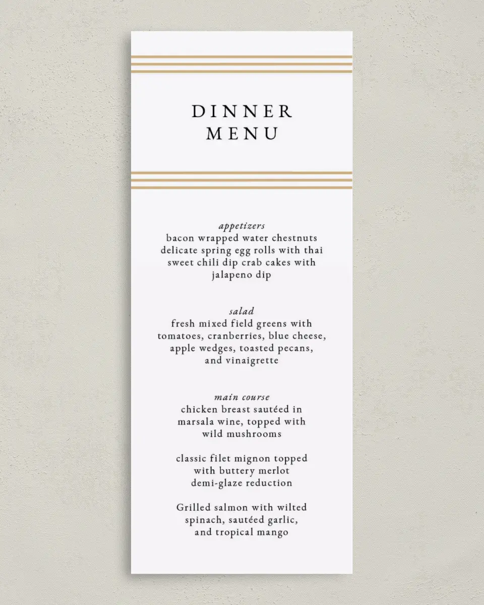This is a 3⅝" x 8⅞" Wedding Menu Card called Charming Arch printed in full color on Premium Smooth paper