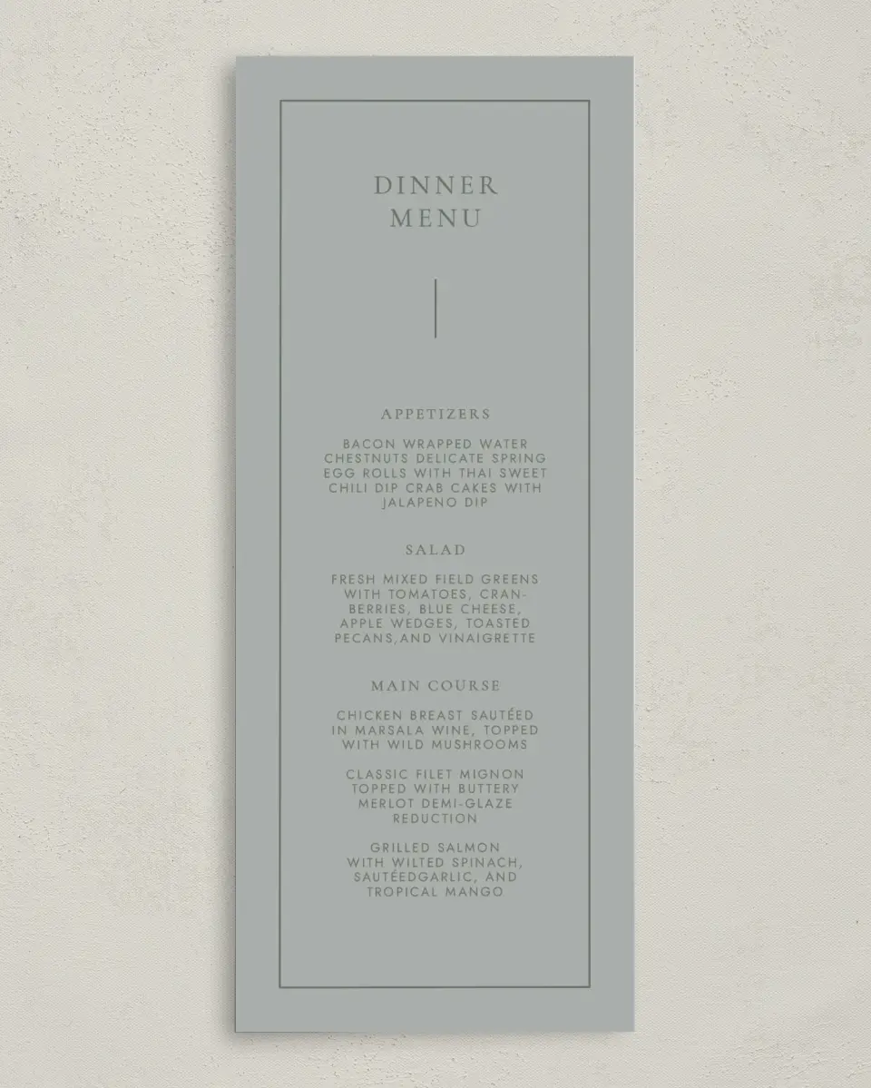 This is a 3⅝" x 8⅞" Wedding Menu Card called Sweet & Neat printed in full color on Premium Smooth paper