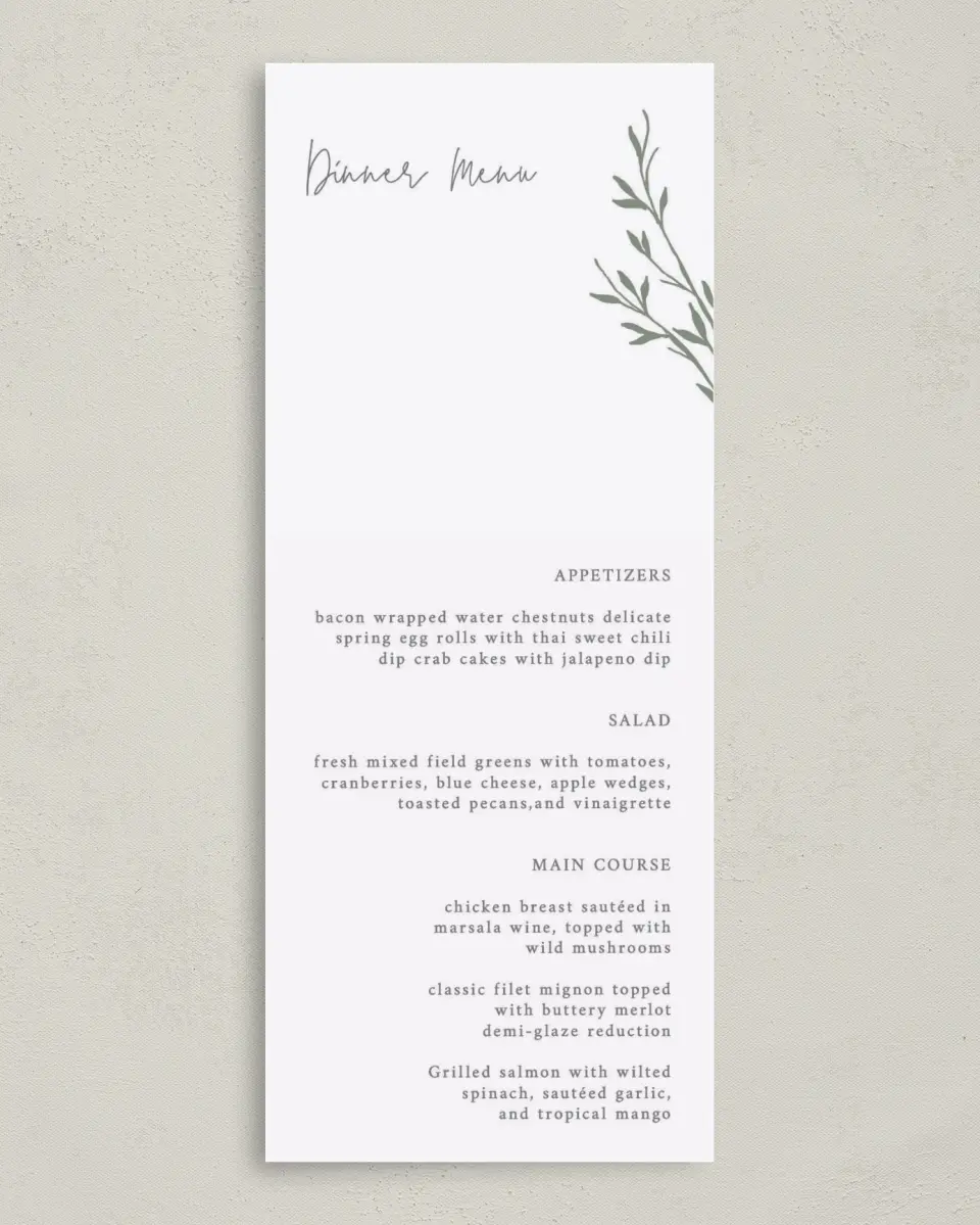 This is a 3⅝" x 8⅞" Wedding Menu Card called Bright Greens printed in full color on Premium Smooth paper