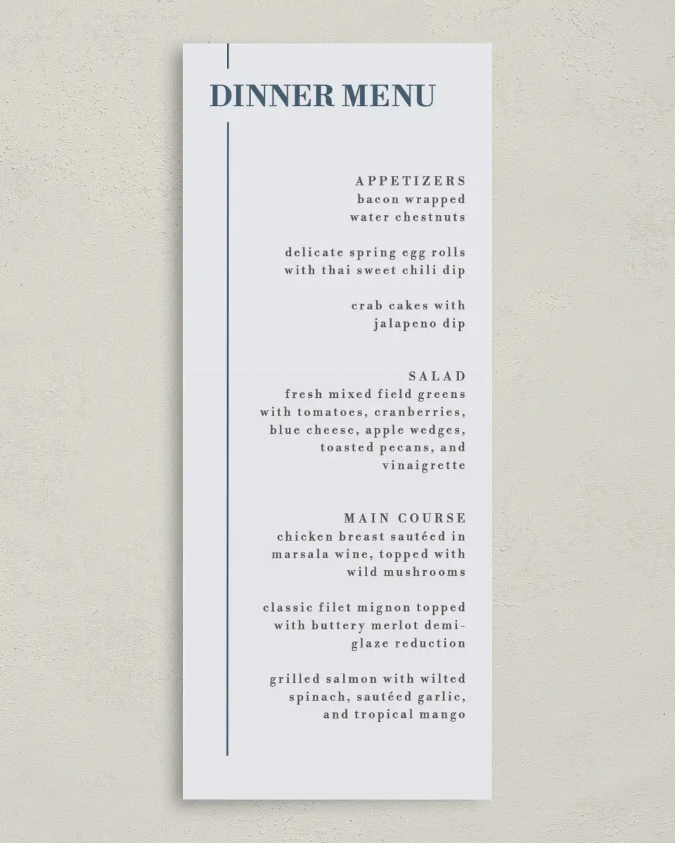 This is a 3⅝" x 8⅞" Wedding Menu Card called For Eternity printed in full color on Premium Smooth paper