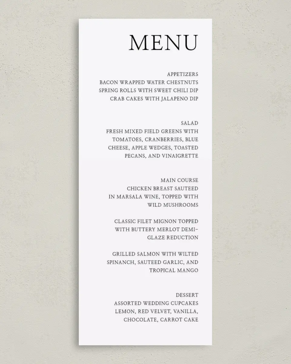 This is a 3⅝" x 8⅞" Wedding Menu Card called Bold Composition printed in full color on Premium Smooth paper