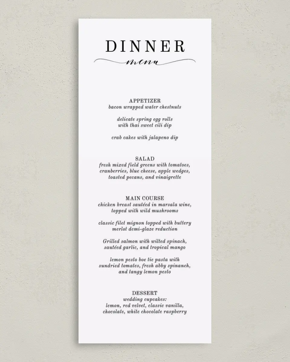 This is a 3⅝" x 8⅞" Wedding Menu Card called Classy Type printed in full color on Premium Smooth paper