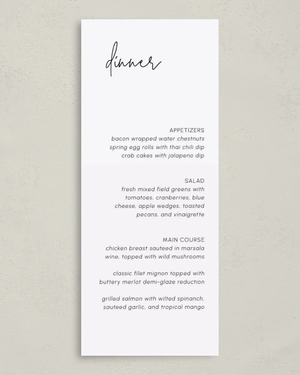 This is a 3⅝" x 8⅞" Wedding Menu Card called Mod Aesthetic printed in full color on Premium Smooth paper