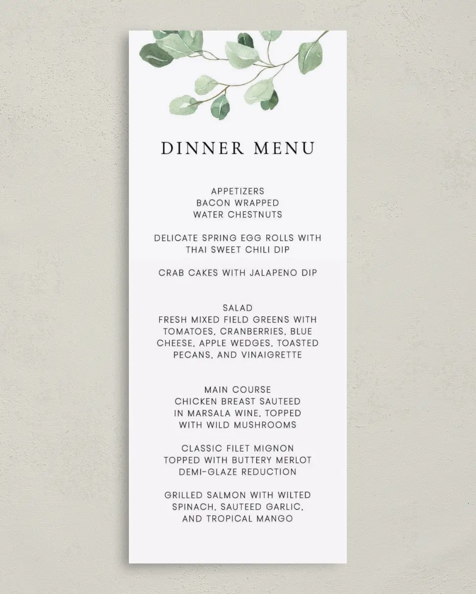 This is a 3⅝" x 8⅞" Wedding Menu Card called Sweet Greenery printed in full color on Premium Smooth paper