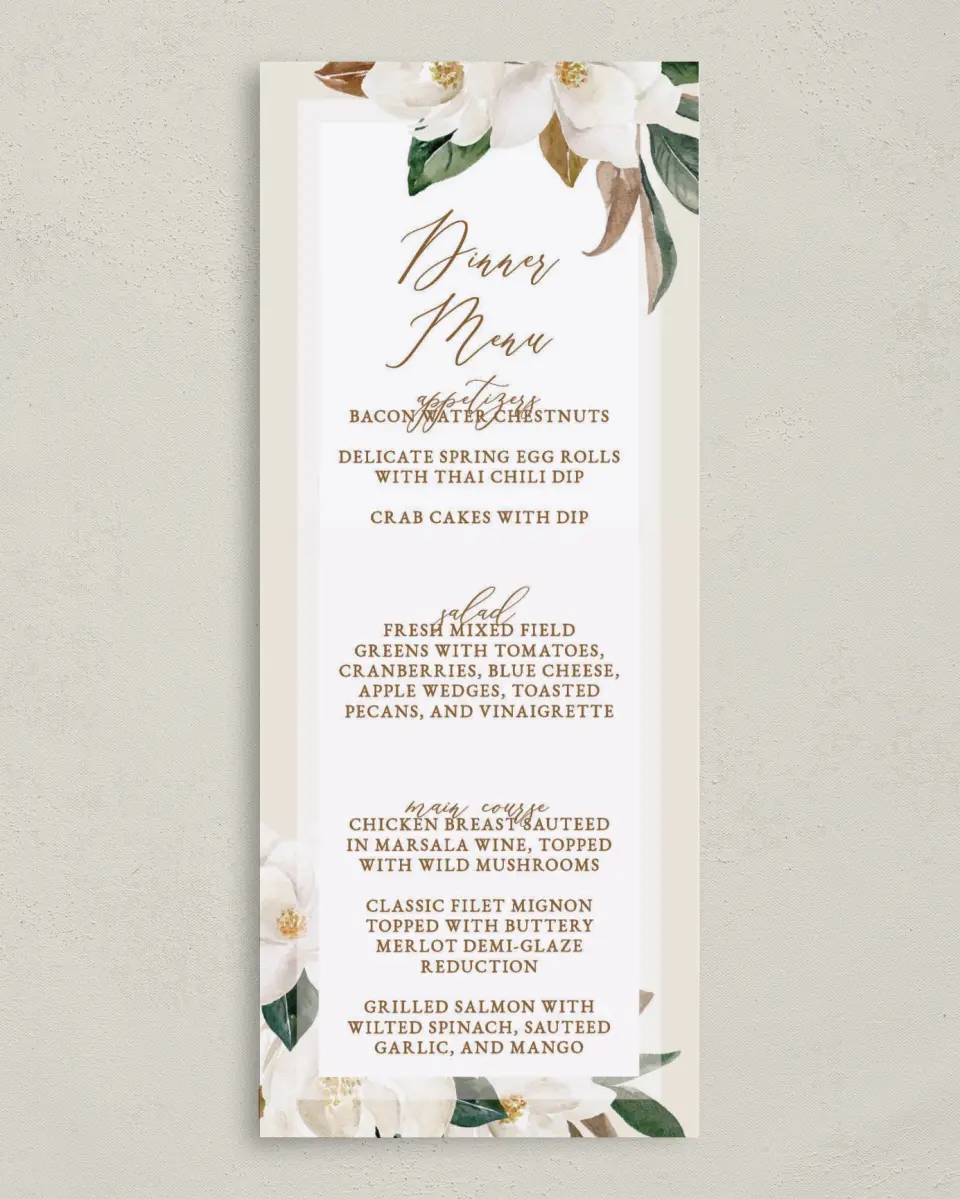 This is a 3⅝" x 8⅞" Wedding Menu Card called Soft Magnolia printed in full color on Premium Smooth paper