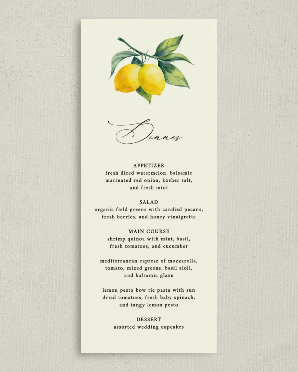 This is a 3⅝" x 8⅞" Wedding Menu Card called Antique Lemon printed in full color on Premium Smooth paper