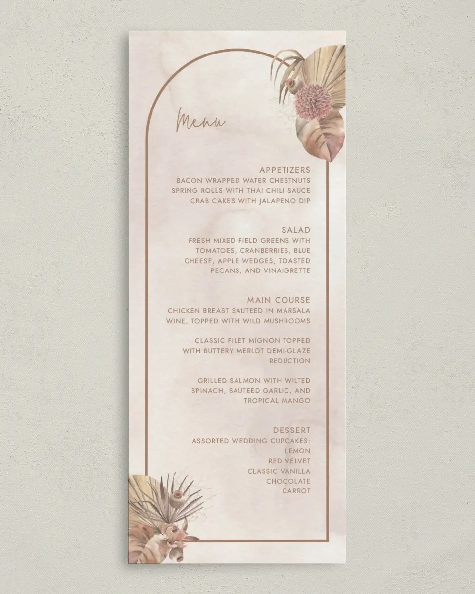This is a 3⅝" x 8⅞" Wedding Menu Card called Boho Blooms printed in full color on Premium Smooth paper