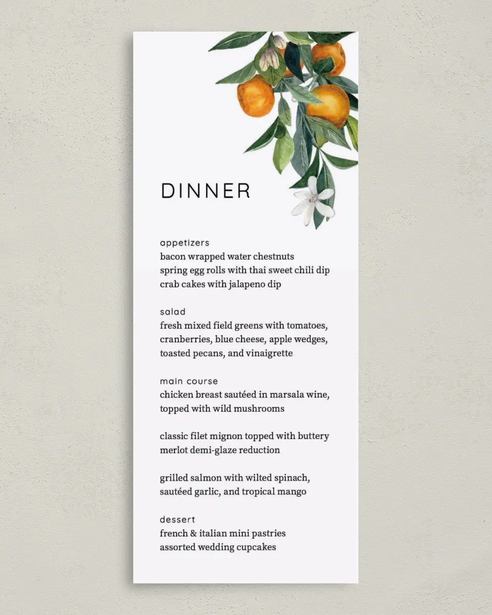 This is a 3⅝" x 8⅞" Wedding Menu Card called Mod Citrus printed in full color on Premium Smooth paper