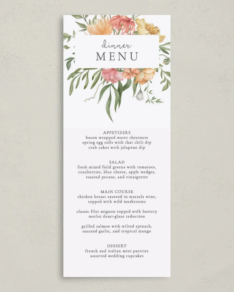 This is a 3⅝" x 8⅞" Wedding Menu Card called Secluded Blooms printed in full color on Premium Smooth paper