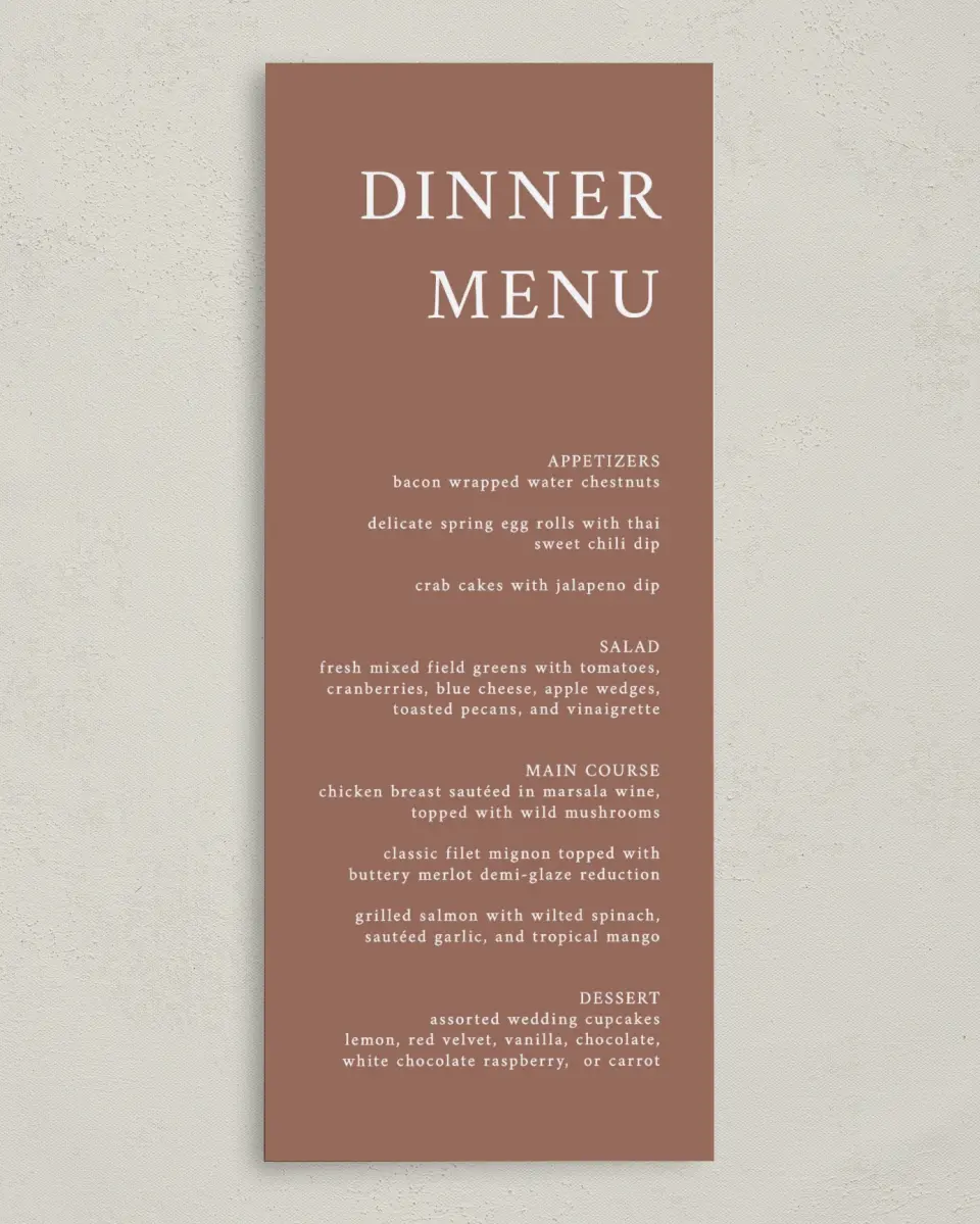 This is a 3⅝" x 8⅞" Wedding Menu Card called Timeless Truth printed in full color on Premium Smooth paper