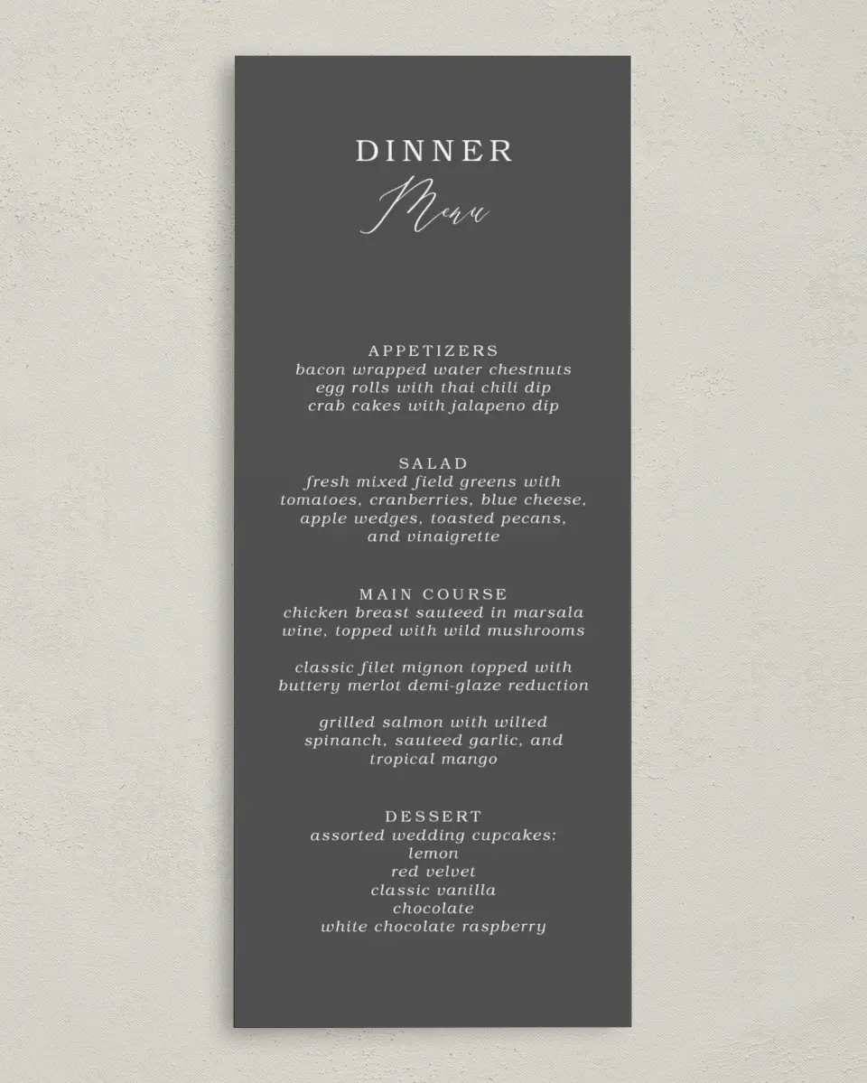 This is a 3⅝" x 8⅞" Wedding Menu Card called Flawless Photo printed in full color on Premium Smooth paper