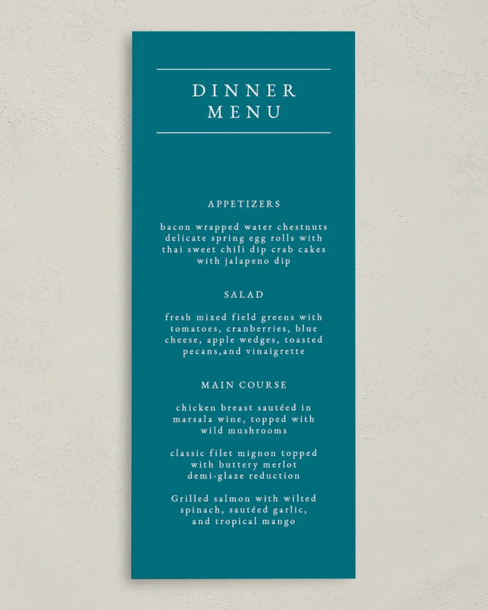 This is a 3⅝" x 8⅞" Wedding Menu Card called Shore Impression printed in full color on Premium Smooth paper