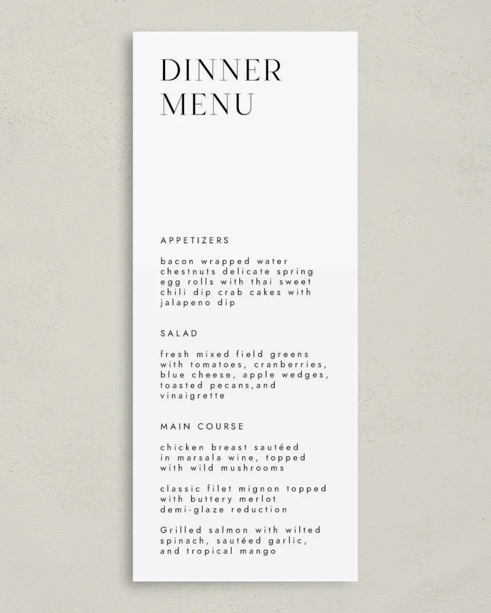 This is a 3⅝" x 8⅞" Wedding Menu Card called Spacious Idea printed in full color on Premium Smooth paper