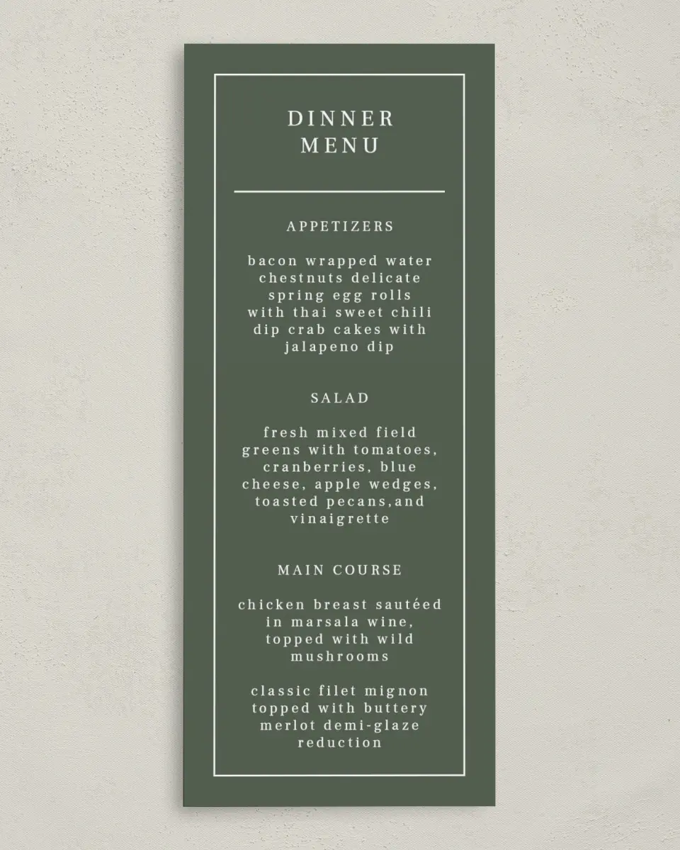 This is a 3⅝" x 8⅞" Wedding Menu Card called Magnificent Margin printed in full color on Premium Smooth paper