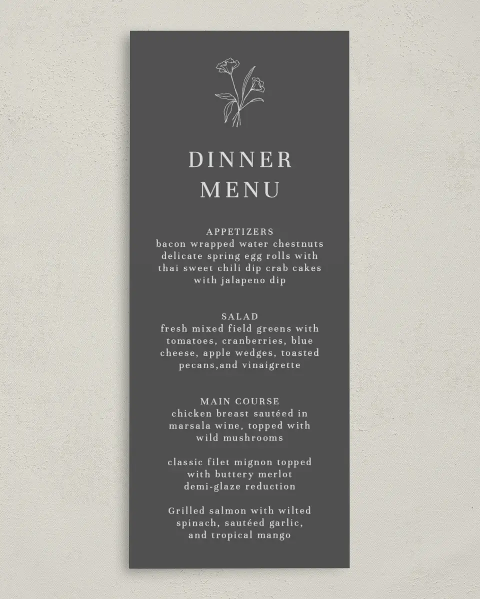 This is a 3⅝" x 8⅞" Wedding Menu Card called Monogram Bloom printed in full color on Premium Smooth paper