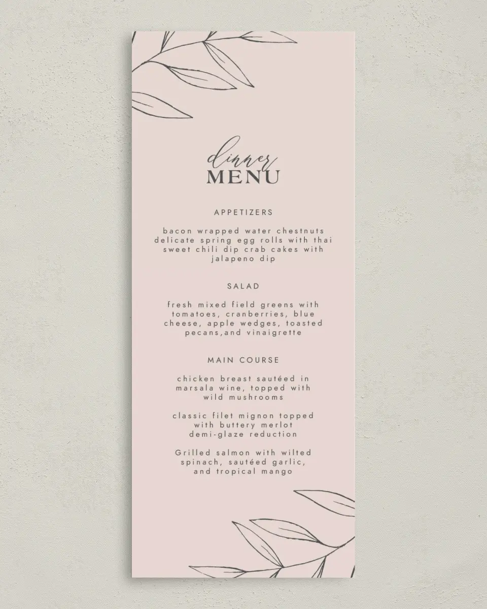 This is a 3⅝" x 8⅞" Wedding Menu Card called Dazzling Moment printed in full color on Premium Smooth paper