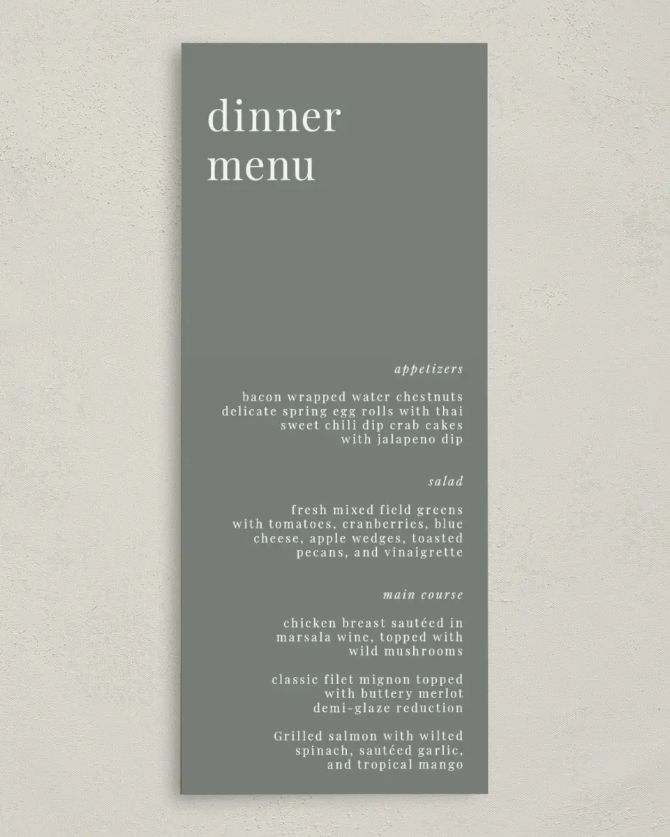 This is a 3⅝" x 8⅞" Wedding Menu Card called Darling Digest printed in full color on Premium Smooth paper