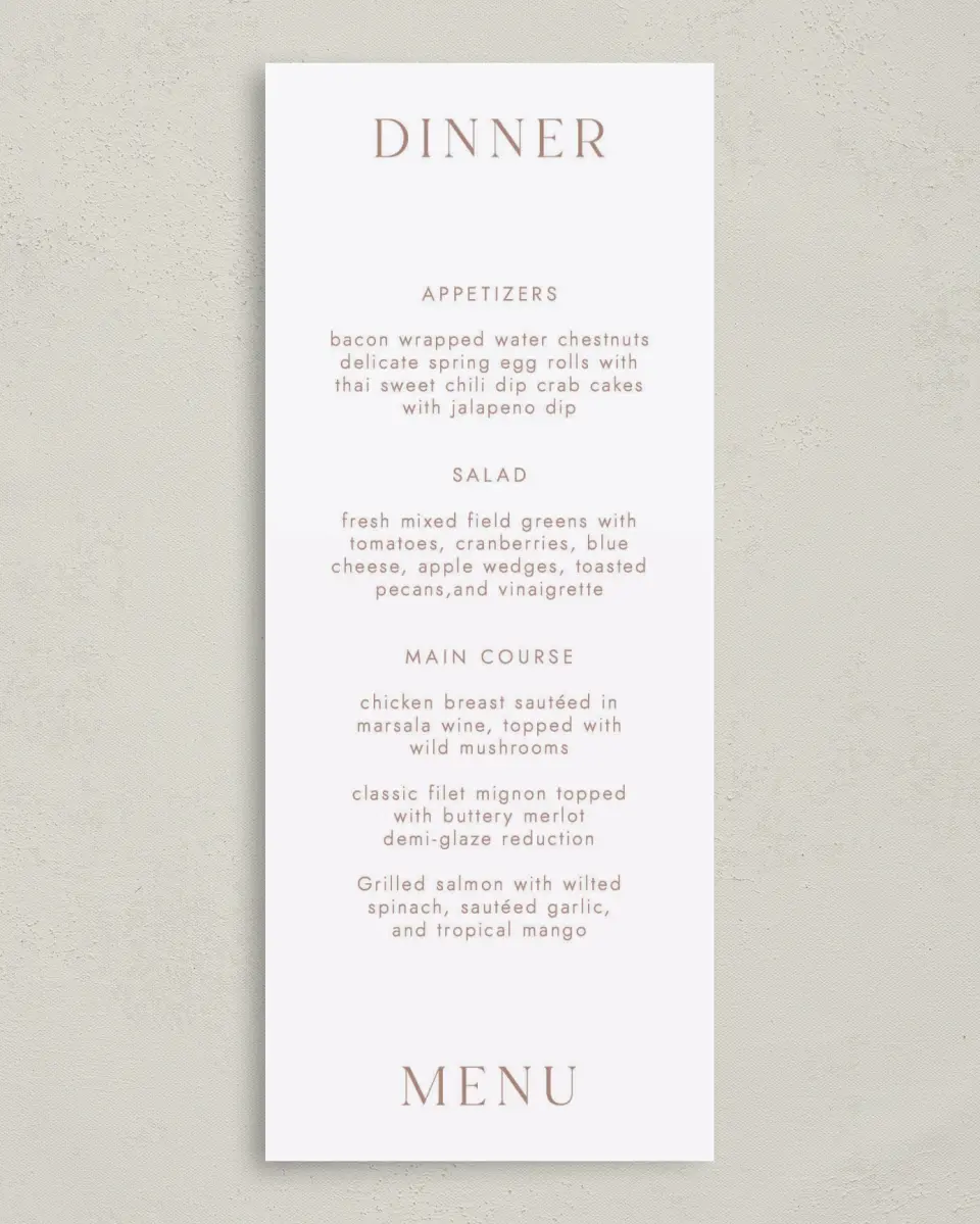 This is a 3⅝" x 8⅞" Wedding Menu Card called Stacked Pair printed in full color on Premium Smooth paper