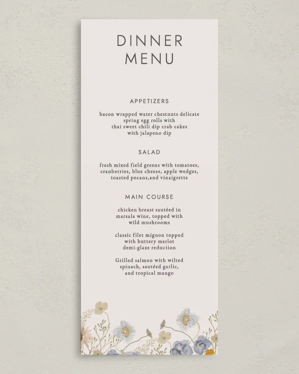 This is a 3⅝" x 8⅞" Wedding Menu Card called Tender Blooms printed in full color on Premium Smooth paper