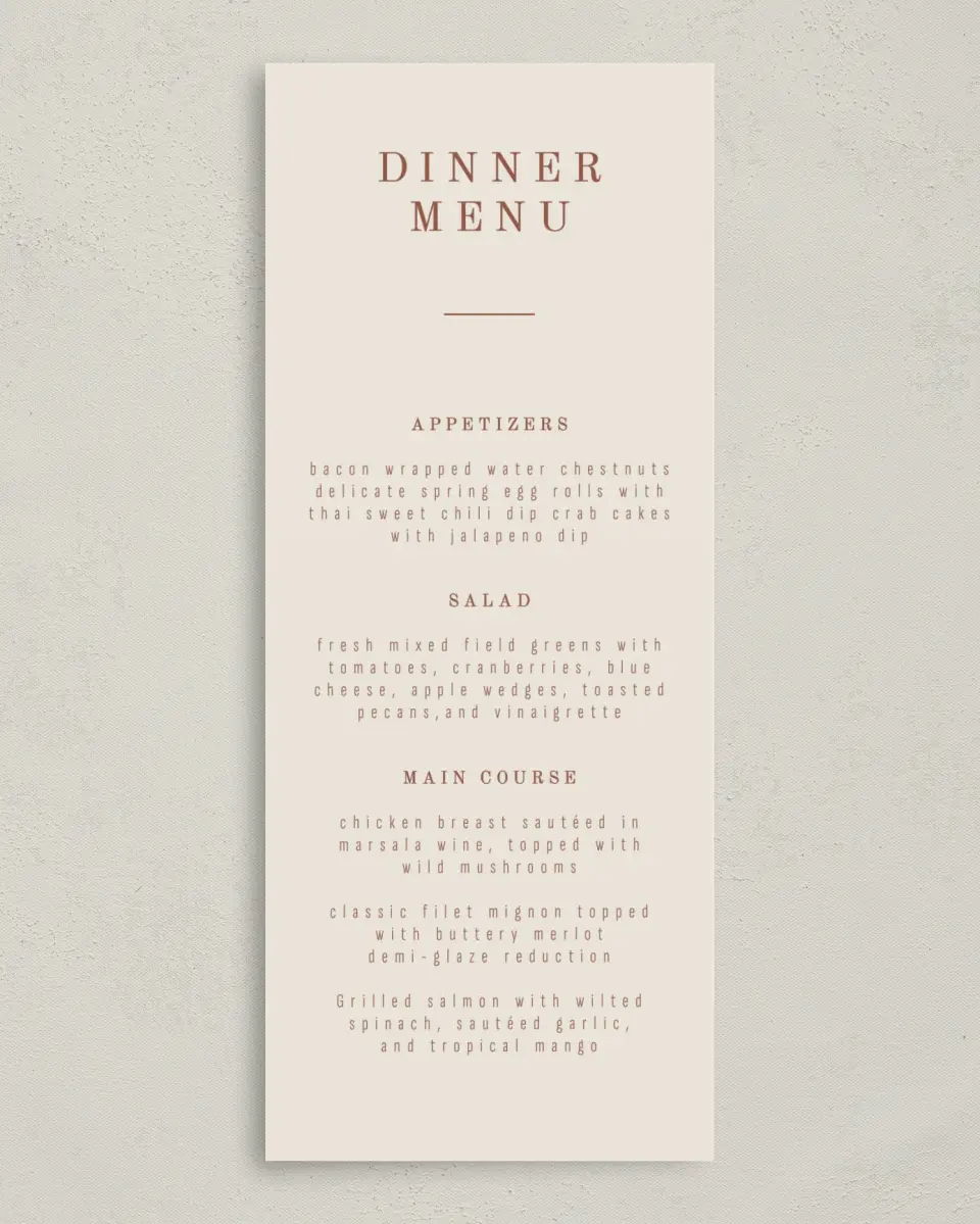 This is a 3⅝" x 8⅞" Wedding Menu Card called Turning Leaves printed in full color on Premium Smooth paper