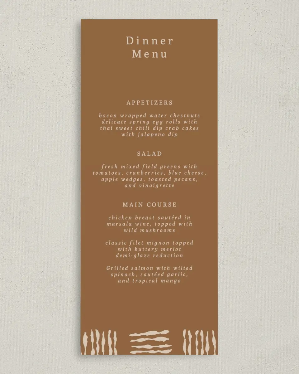 This is a 3⅝" x 8⅞" Wedding Menu Card called Threads of Love printed in full color on Premium Smooth paper