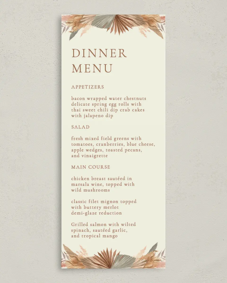 This is a 3⅝" x 8⅞" Wedding Menu Card called Sandy Fronds printed in full color on Premium Smooth paper
