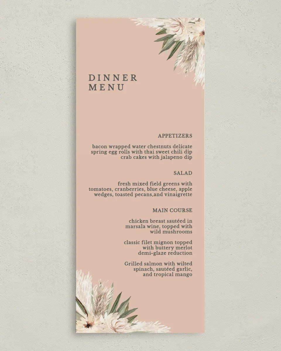 This is a 3⅝" x 8⅞" Wedding Menu Card called Natural Boho printed in full color on Premium Smooth paper