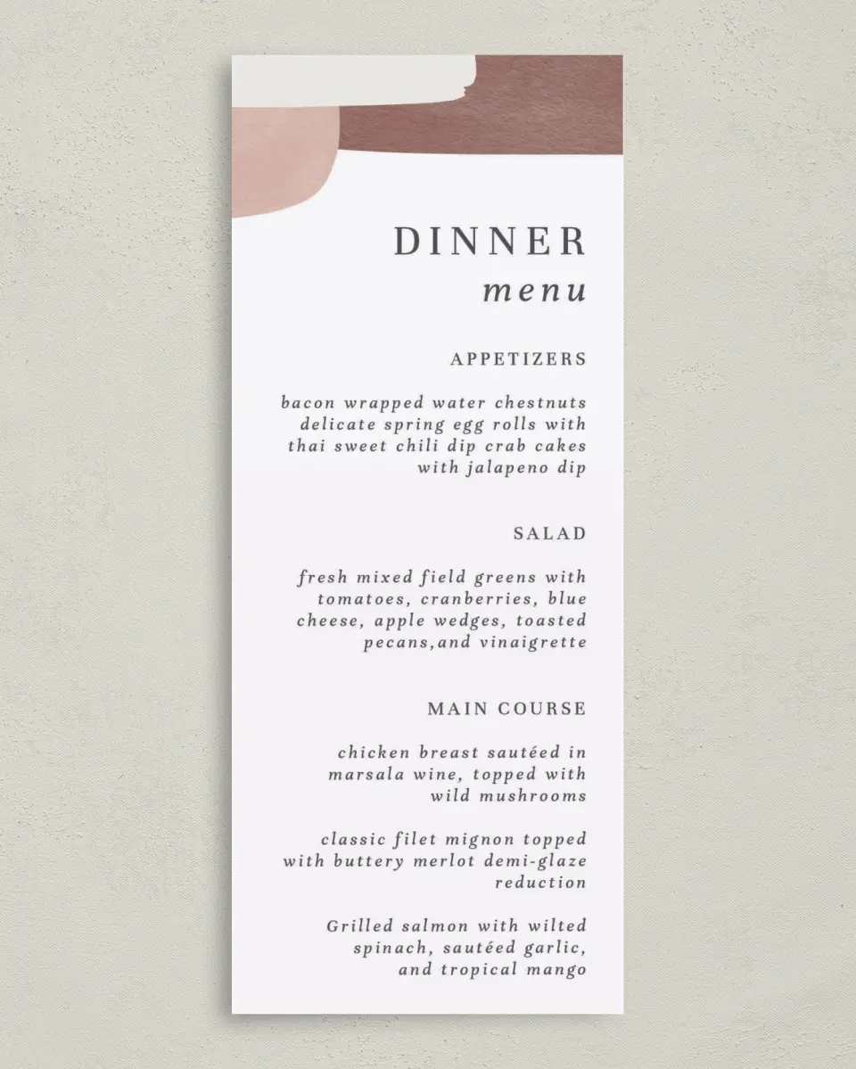 This is a 3⅝" x 8⅞" Wedding Menu Card called Mod Paint printed in full color on Premium Smooth paper