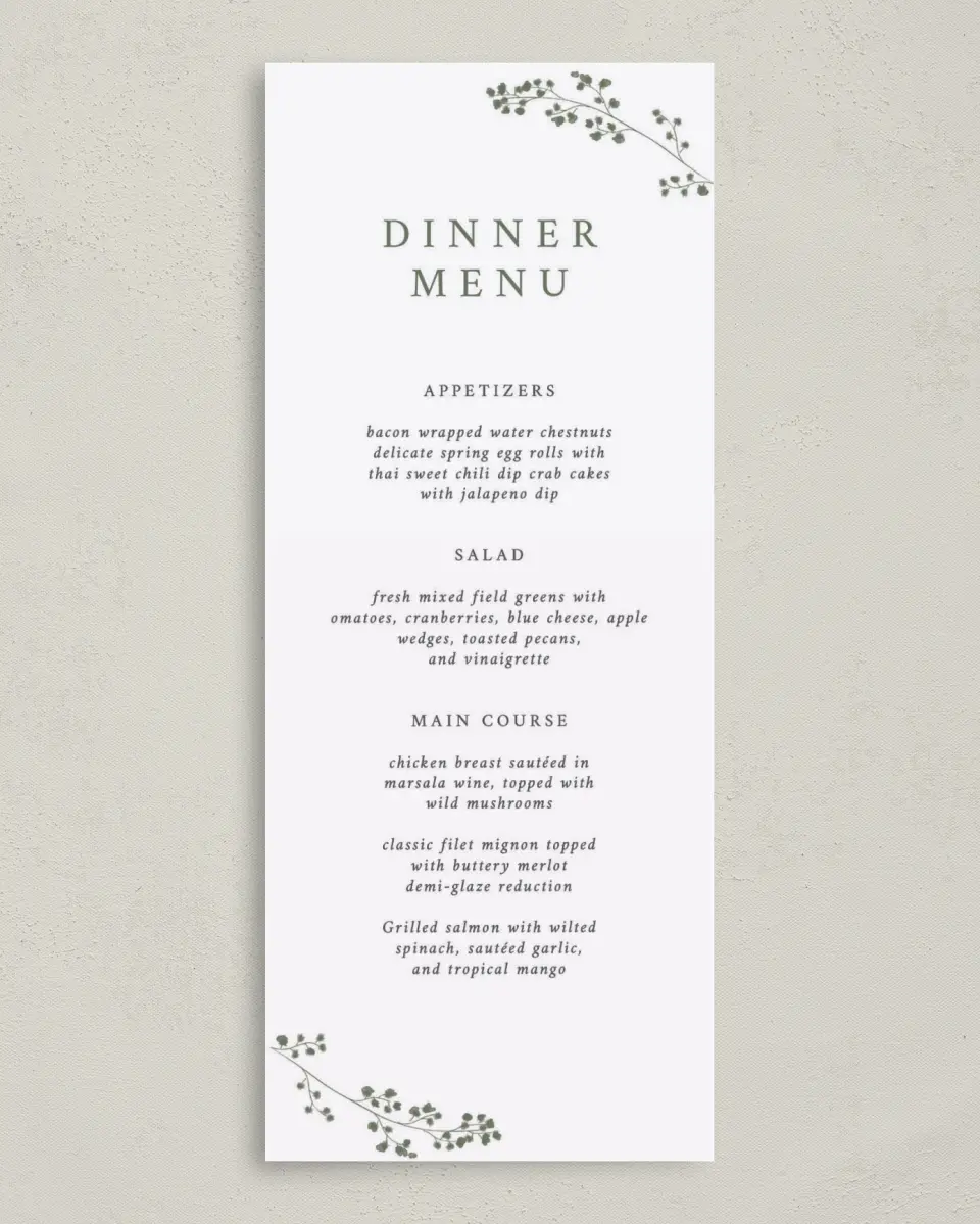 This is a 3⅝" x 8⅞" Wedding Menu Card called Fresh Tendrils printed in full color on Premium Smooth paper