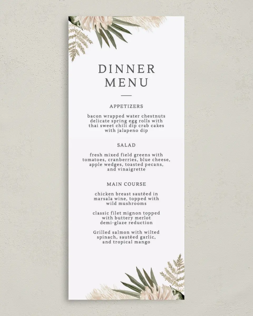 This is a 3⅝" x 8⅞" Wedding Menu Card called Serene Flora printed in full color on Premium Smooth paper