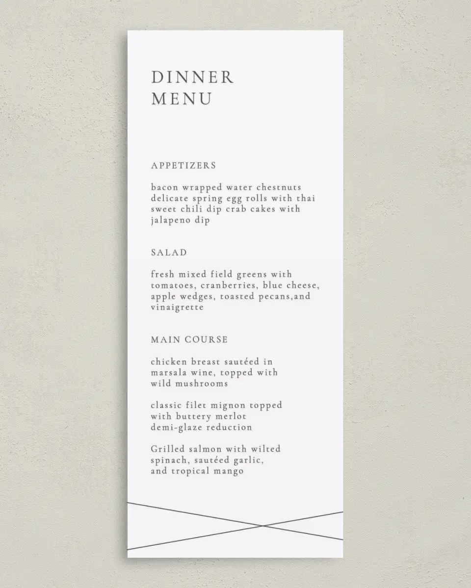 This is a 3⅝" x 8⅞" Wedding Menu Card called Distinct Lines printed in full color on Premium Smooth paper