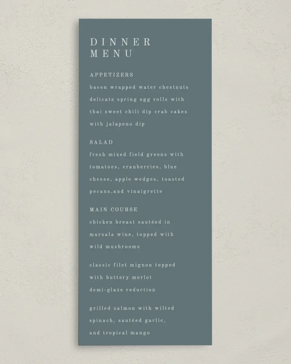This is a 3⅝" x 8⅞" Wedding Menu Card called Growing Arc printed in full color on Premium Smooth paper