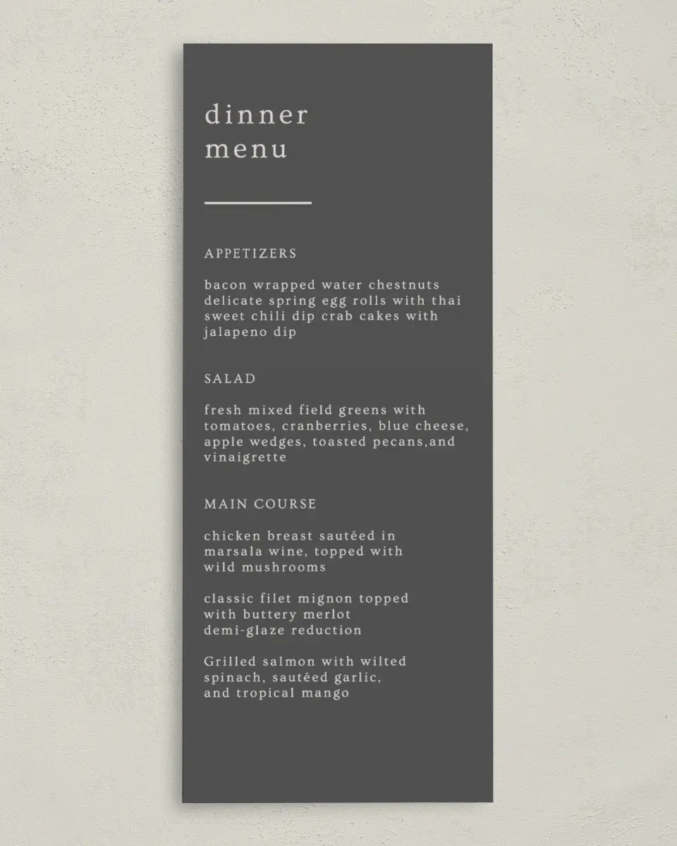 This is a 3⅝" x 8⅞" Wedding Menu Card called Simple Gathering printed in full color on Premium Smooth paper