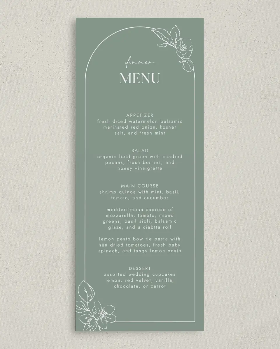 This is a 3⅝" x 8⅞" Wedding Menu Card called Blossoming Arch printed in full color on Premium Smooth paper