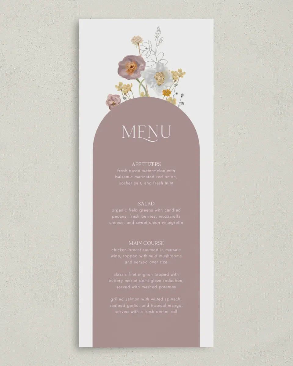 This is a 3⅝" x 8⅞" Wedding Menu Card called Enchanting Wildflowers printed in full color on Premium Smooth paper