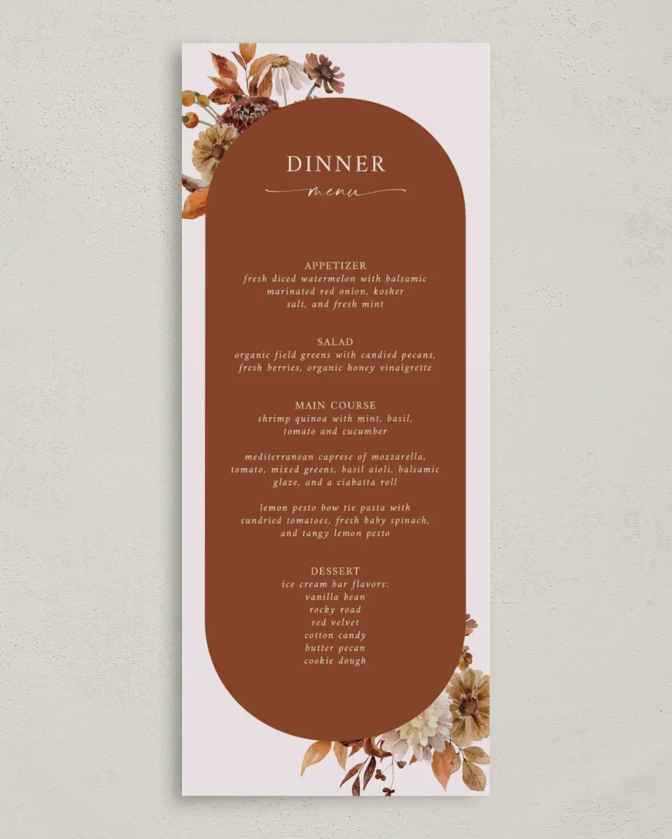 This is a 3⅝" x 8⅞" Wedding Menu Card called Autumn Florals printed in full color on Premium Smooth paper