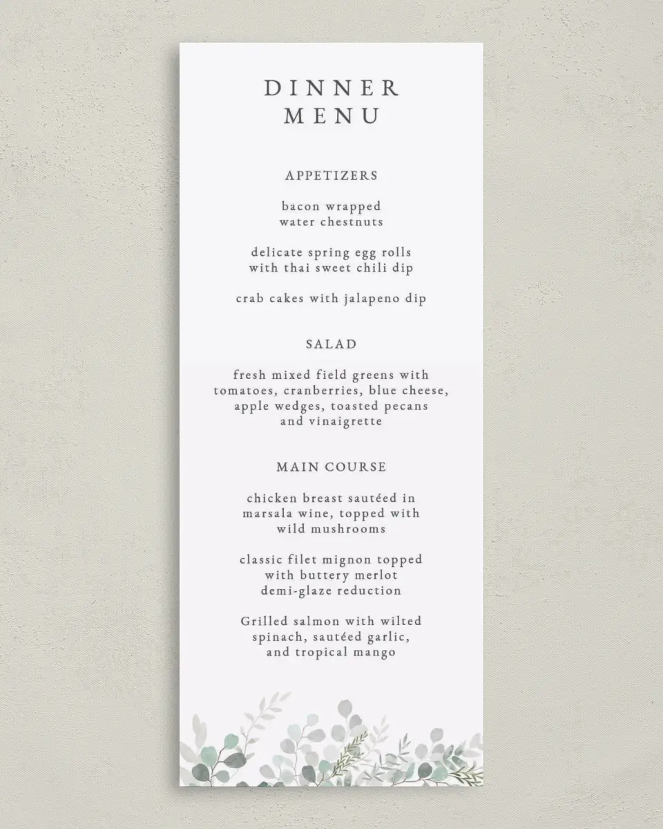 This is a 3⅝" x 8⅞" Wedding Menu Card called Elegant Greenery printed in full color on Premium Smooth paper