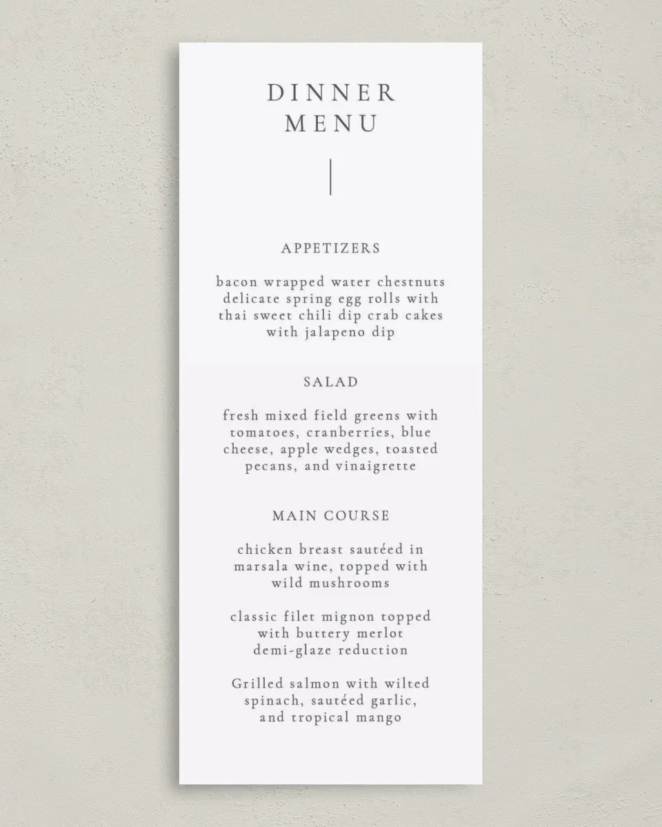 This is a 3⅝" x 8⅞" Wedding Menu Card called Quiet Scene printed in full color on Premium Smooth paper