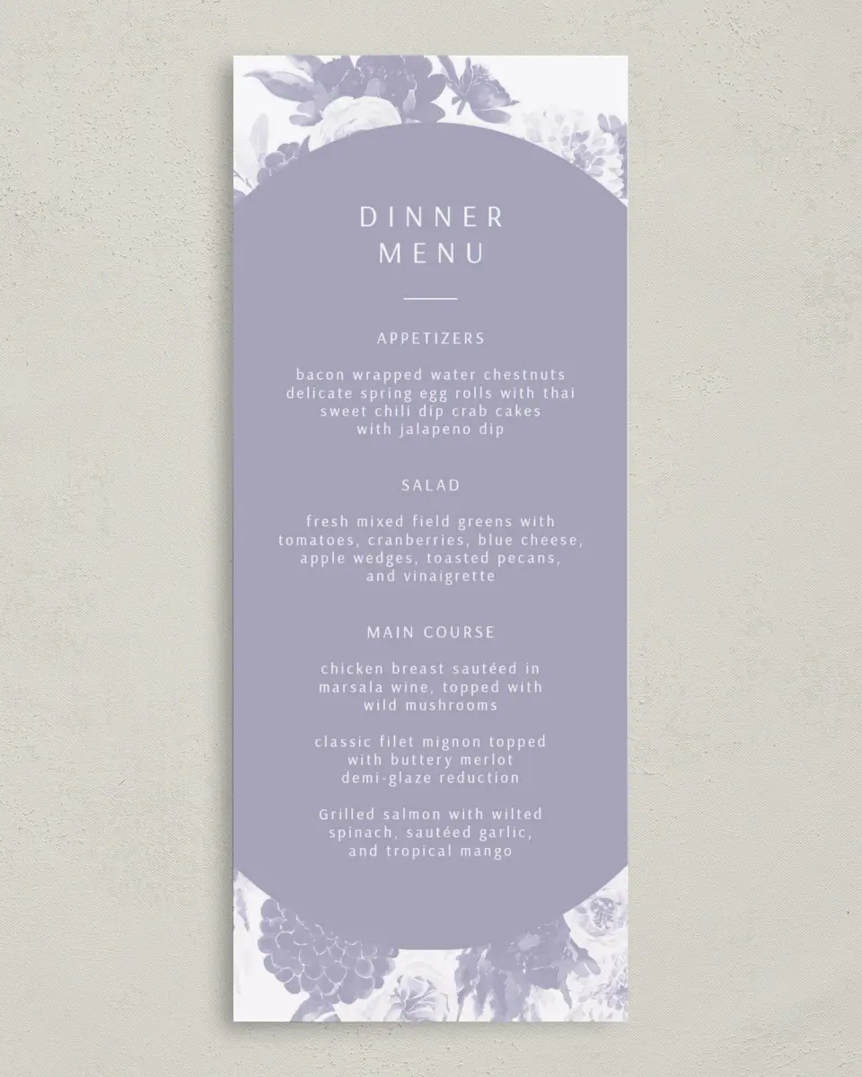 This is a 3⅝" x 8⅞" Wedding Menu Card called Sweet Botanical printed in full color on Premium Smooth paper
