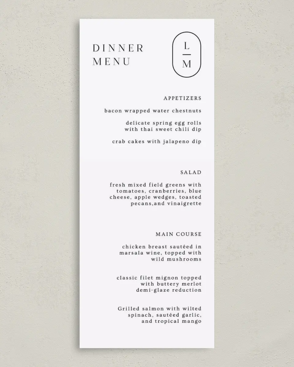 This is a 3⅝" x 8⅞" Wedding Menu Card called Precise Promise printed in full color on Premium Smooth paper