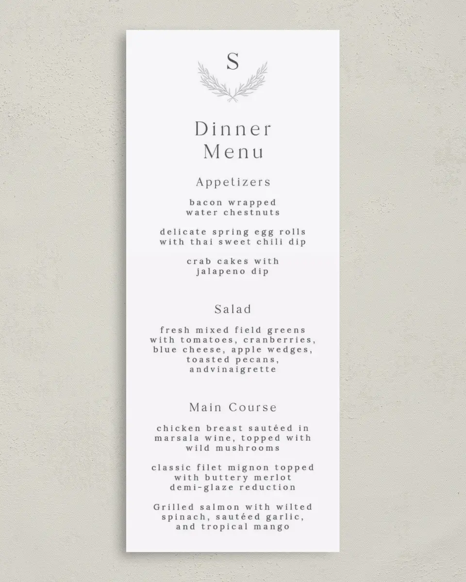 This is a 3⅝" x 8⅞" Wedding Menu Card called Soft Sprig printed in full color on Premium Smooth paper