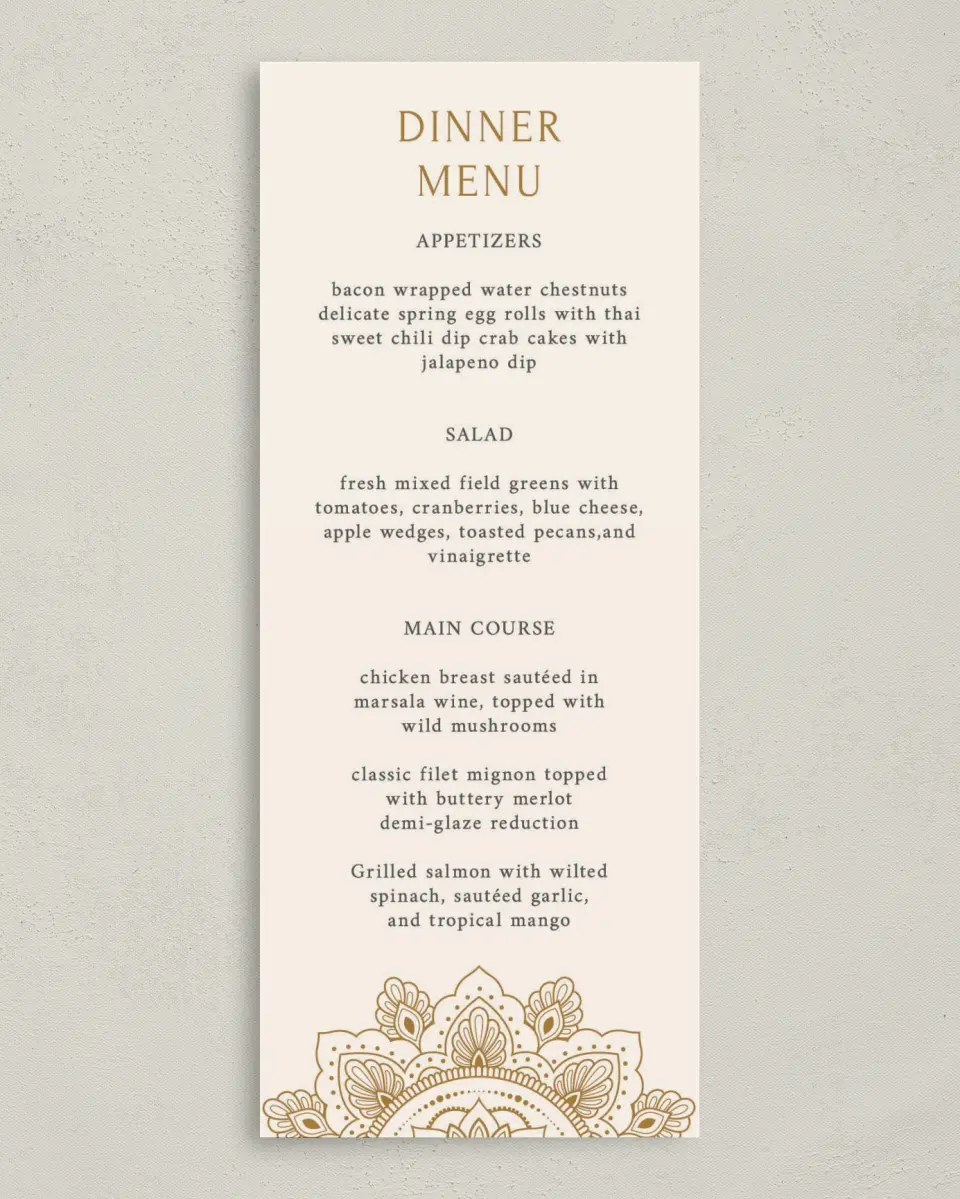 This is a 3⅝" x 8⅞" Wedding Menu Card called Indian Mandala printed in full color on Premium Smooth paper