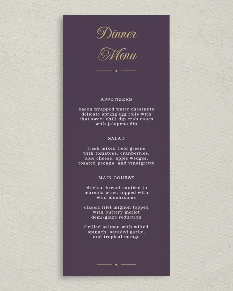 This is a 3⅝" x 8⅞" Wedding Menu Card called Royal Pattern printed in full color on Premium Smooth paper