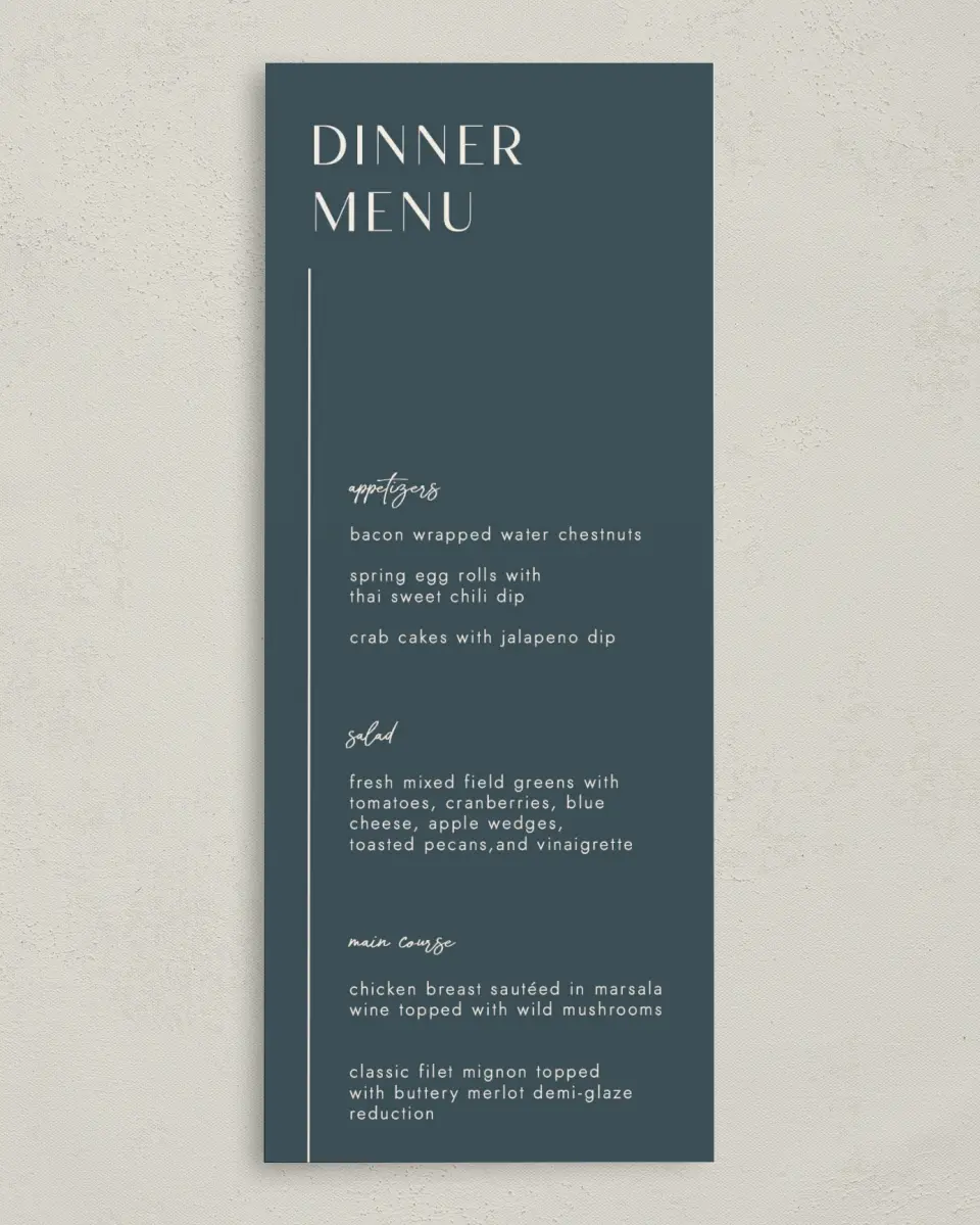 This is a 3⅝" x 8⅞" Wedding Menu Card called The Brooklyn printed in full color on Premium Smooth paper