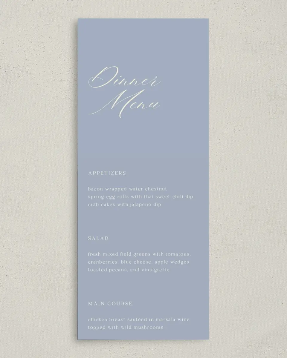 This is a 3⅝" x 8⅞" Wedding Menu Card called The Savannah printed in full color on Premium Smooth paper