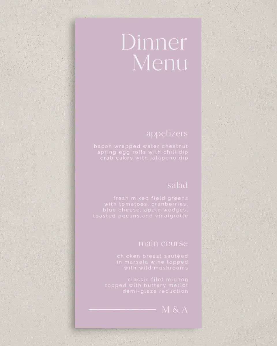This is a 3⅝" x 8⅞" Wedding Menu Card called The Morgan printed in full color on Premium Smooth paper