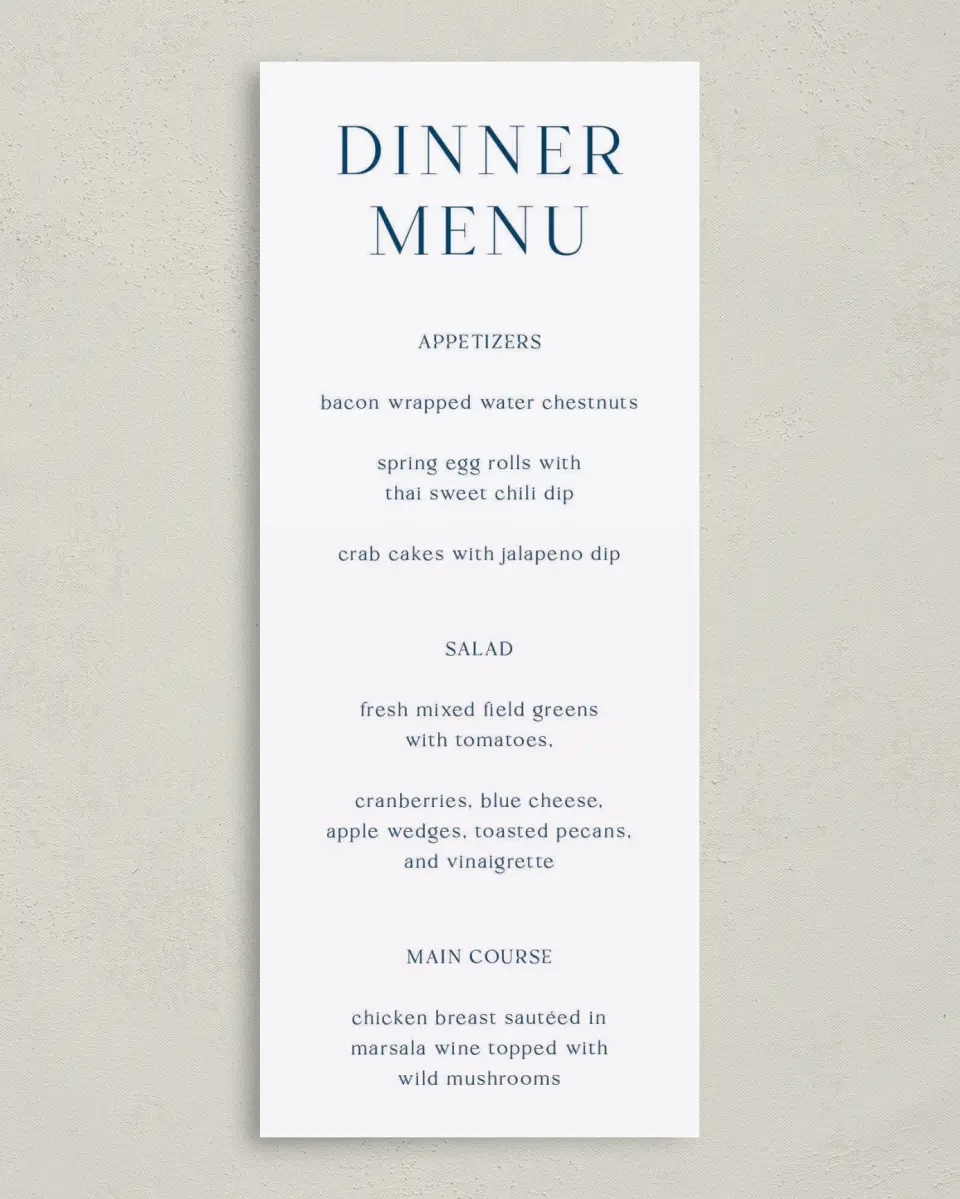 This is a 3⅝" x 8⅞" Wedding Menu Card called The Sophia printed in full color on Premium Smooth paper