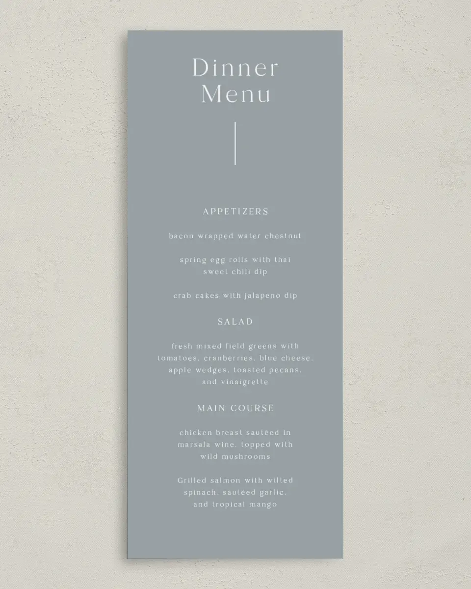 This is a 3⅝" x 8⅞" Wedding Menu Card called The Aubrielle printed in full color on Premium Smooth paper